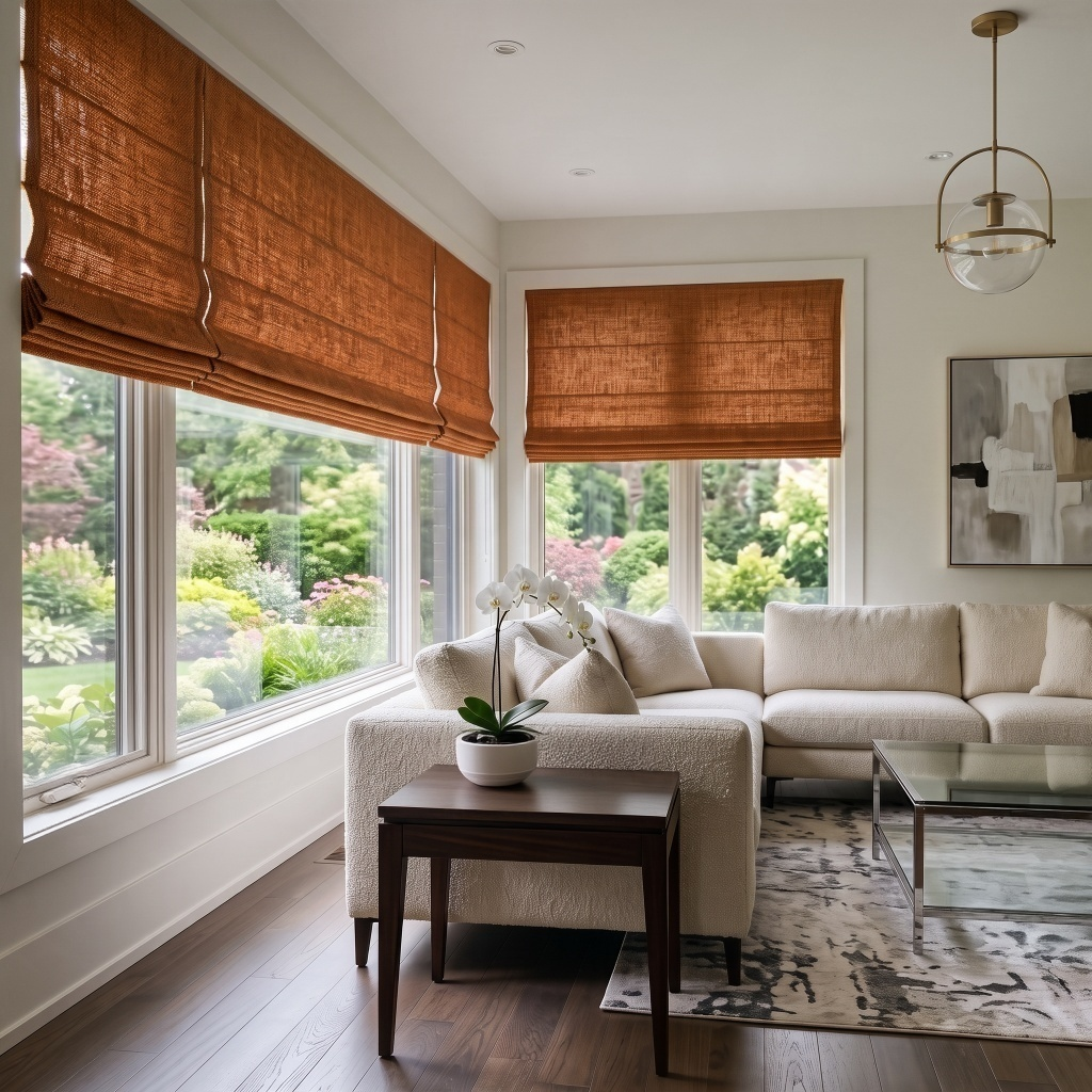 Terracotta Heavy Weight Linen Cordless Roman Shades in a Contemporary Living Room with White Walls and Cream Sectional Sofa