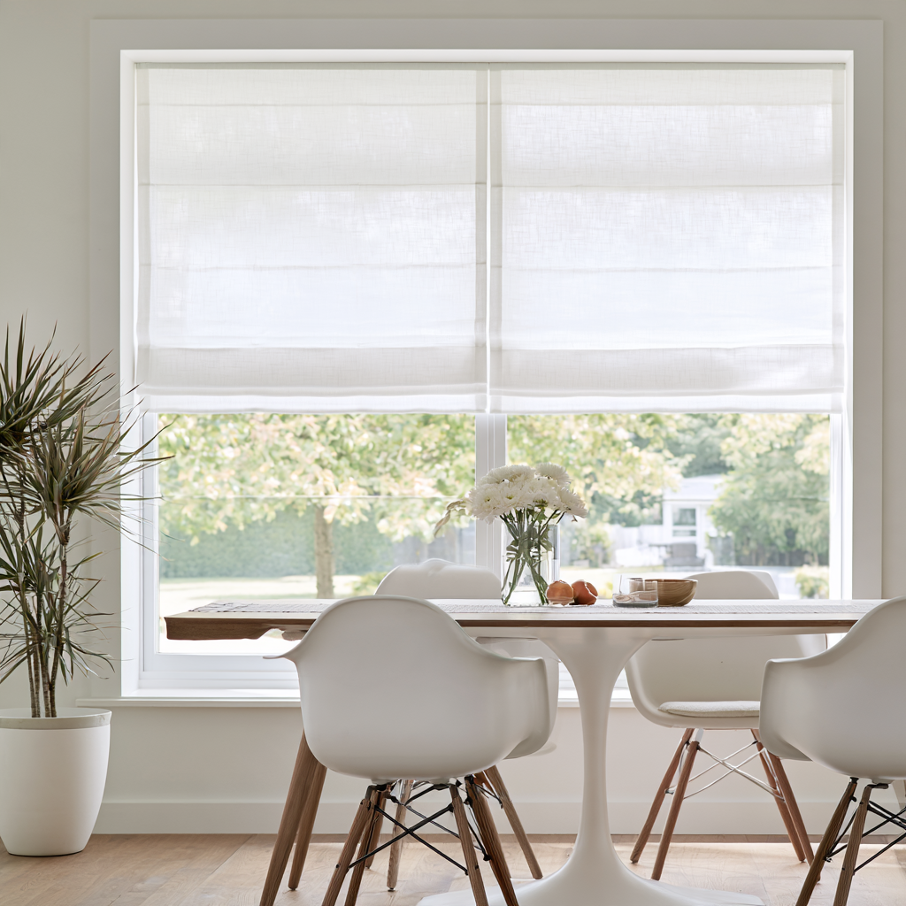White Linen Cordless Roman Shades in a Minimalist Dining Room with Neutral Walls and a White Tulip Dining Table