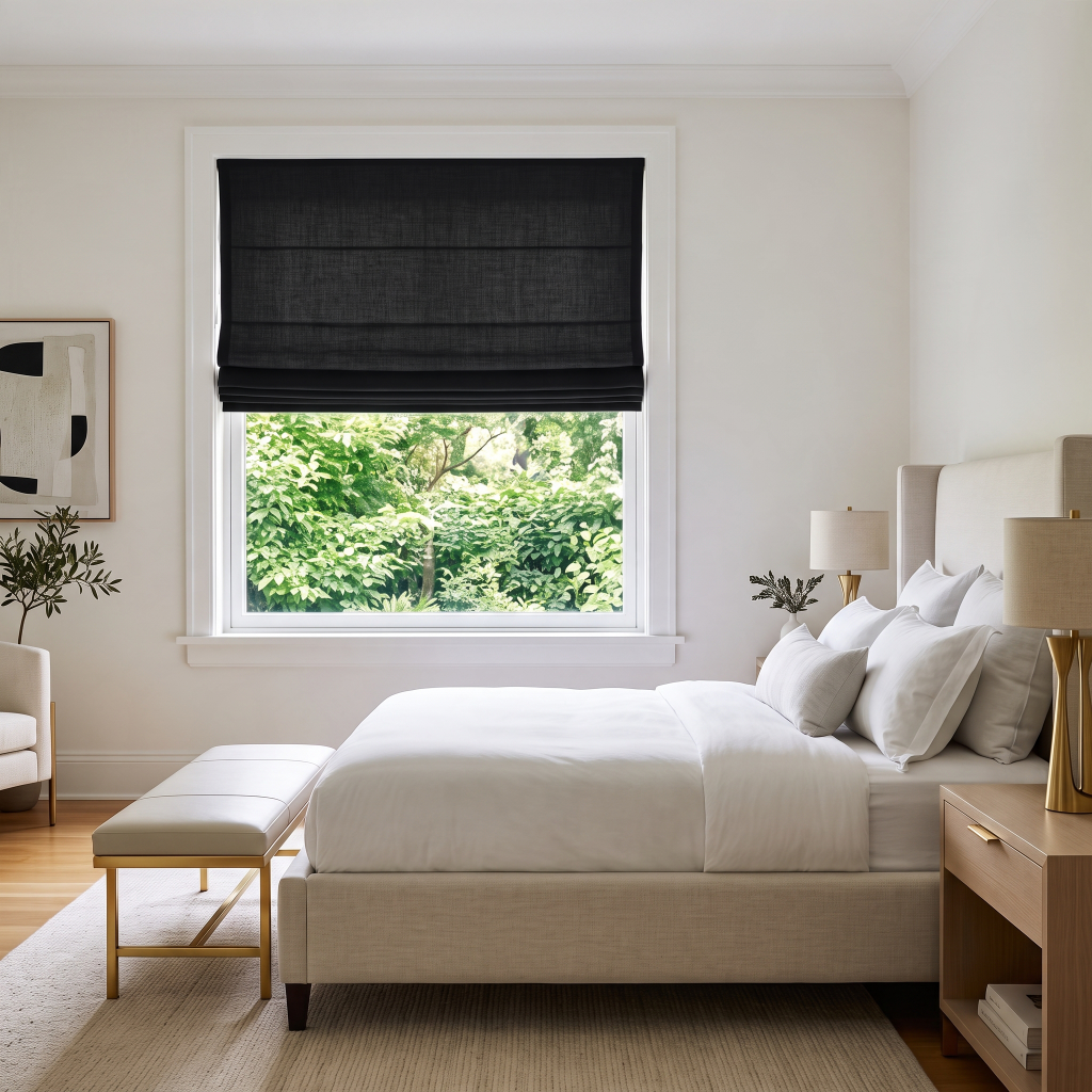 Black Roman shades in a modern bedroom with cream-coloured walls and a wooden bed frame