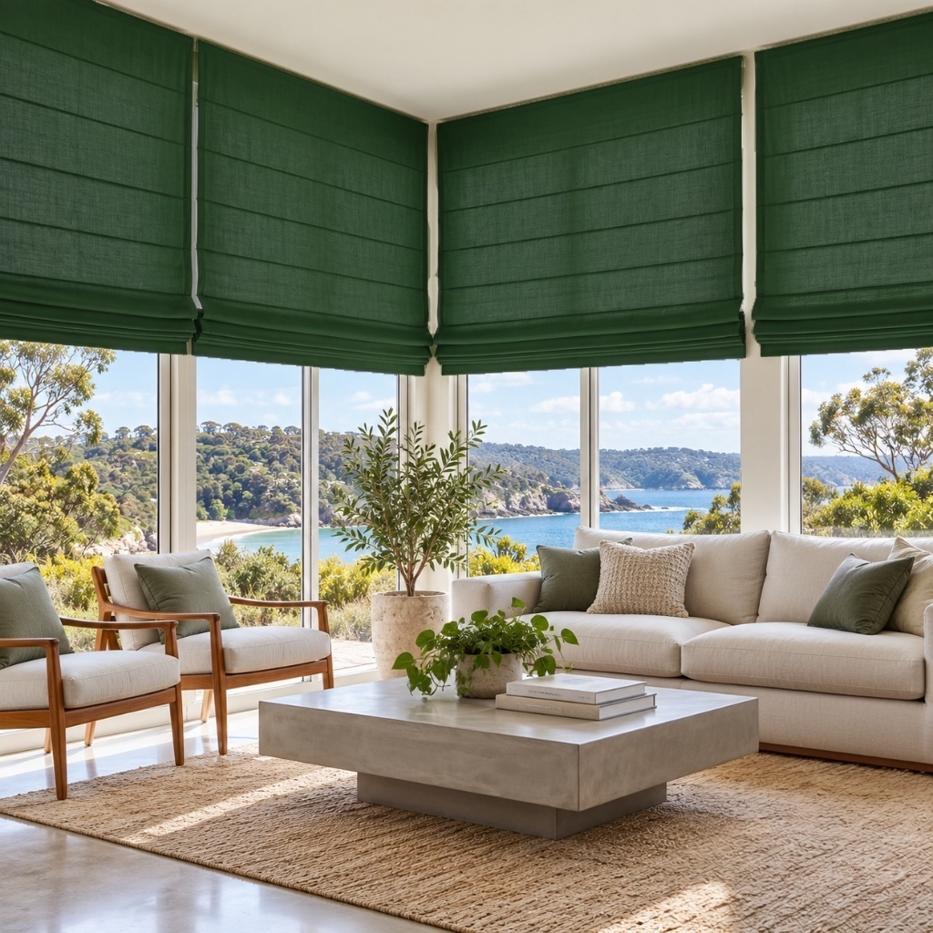Forest Green Linen Cordless Roman Shades in a Modern Living Room