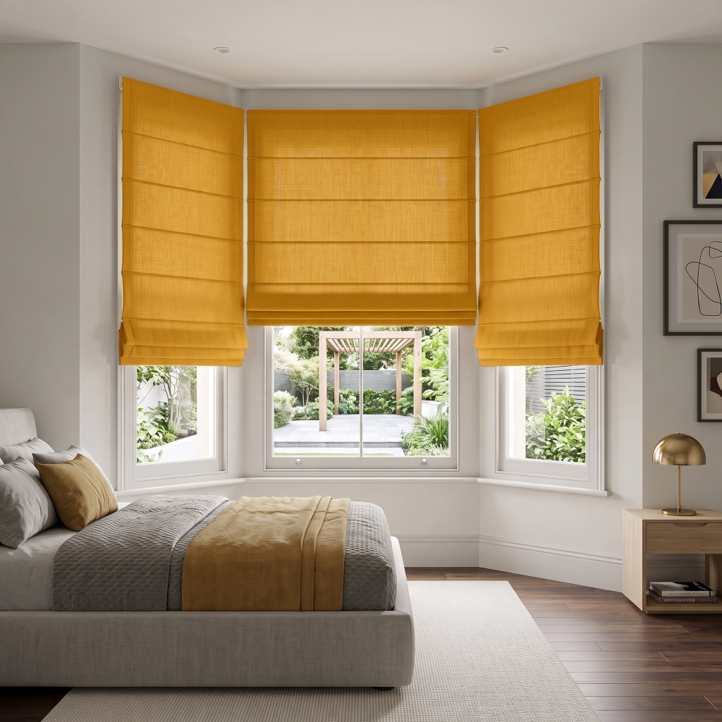 Yellow Roman Shades in a Dining Room with Sage Green Walls and White Dining Chairs