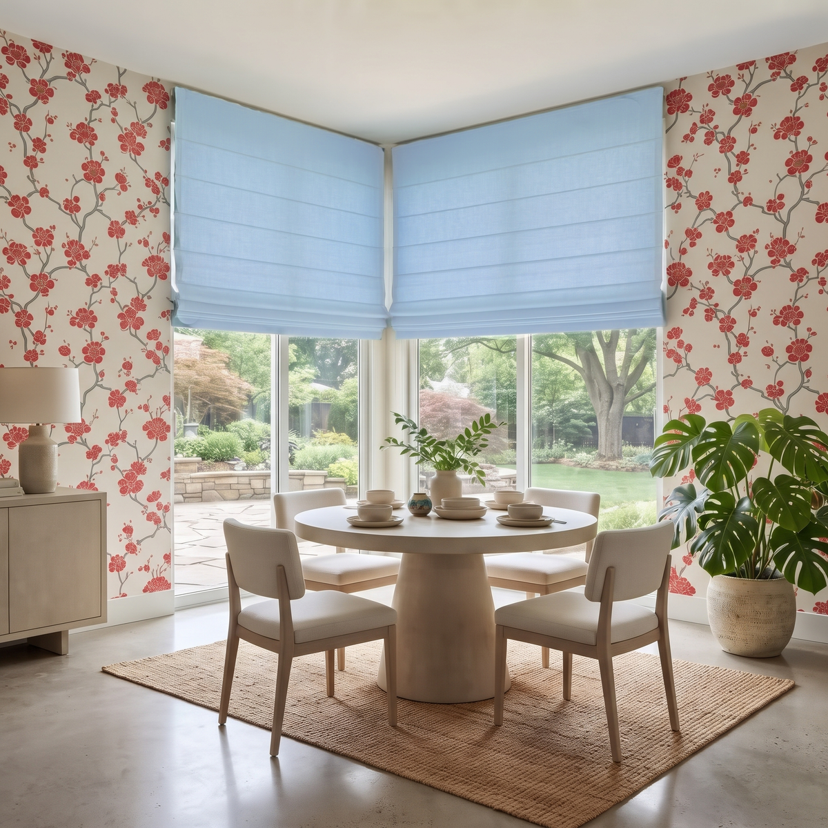 Sky Blue Cordless Linen Roman Shades in a Modern Dining Room with Floral Wallpaper and a Round Dining Table