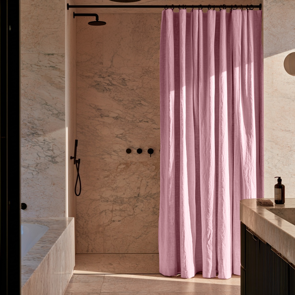 Linen Dusty Rose Button-Hole Top Shower Curtain in a Luxury Bathroom with Marble Walls