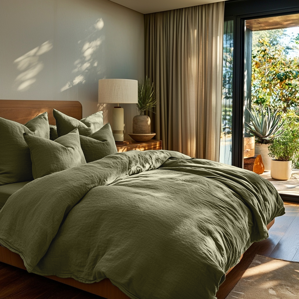 Olive Green Linen Duvet Cover