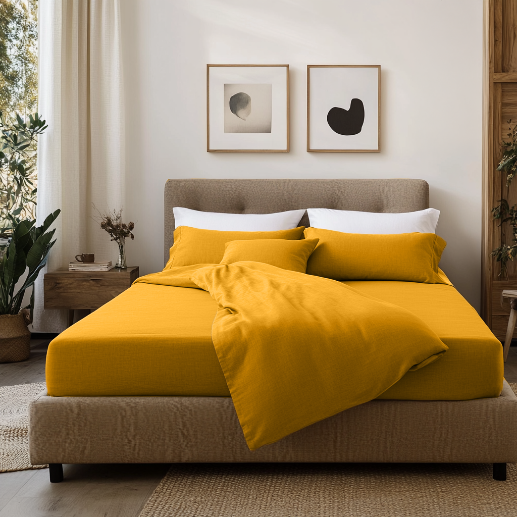 Mustard Yellow Linen Fitted Sheet On The Bed