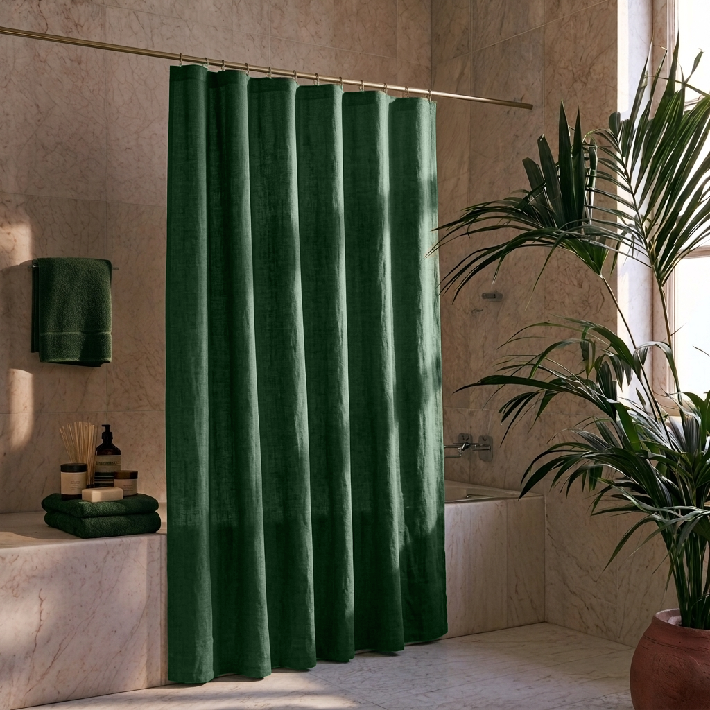 Linen Forest Green Button-Hole Top Shower Curtain in a Contemporary Bathroom with Beige Marble Walls