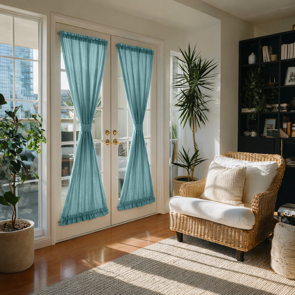 Aquamarine Blue Linen French Door Curtains