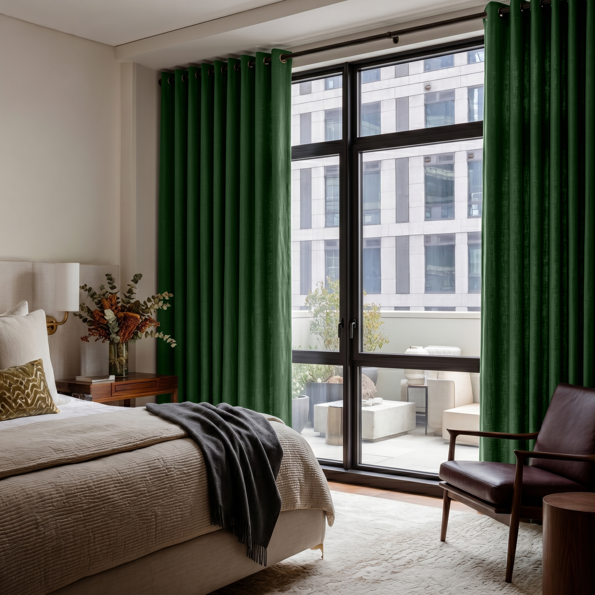 Forest Green Linen Grommet Bedroom Curtains in a Contemporary Bedroom with Dark Leather Accent Chair and Charcoal Accents - Blackout Lining
