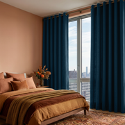 Peacock Blue Linen Grommet Curtains in a Warm Contemporary Bedroom with Terracotta Walls and Textured Accents - Blackout Lining