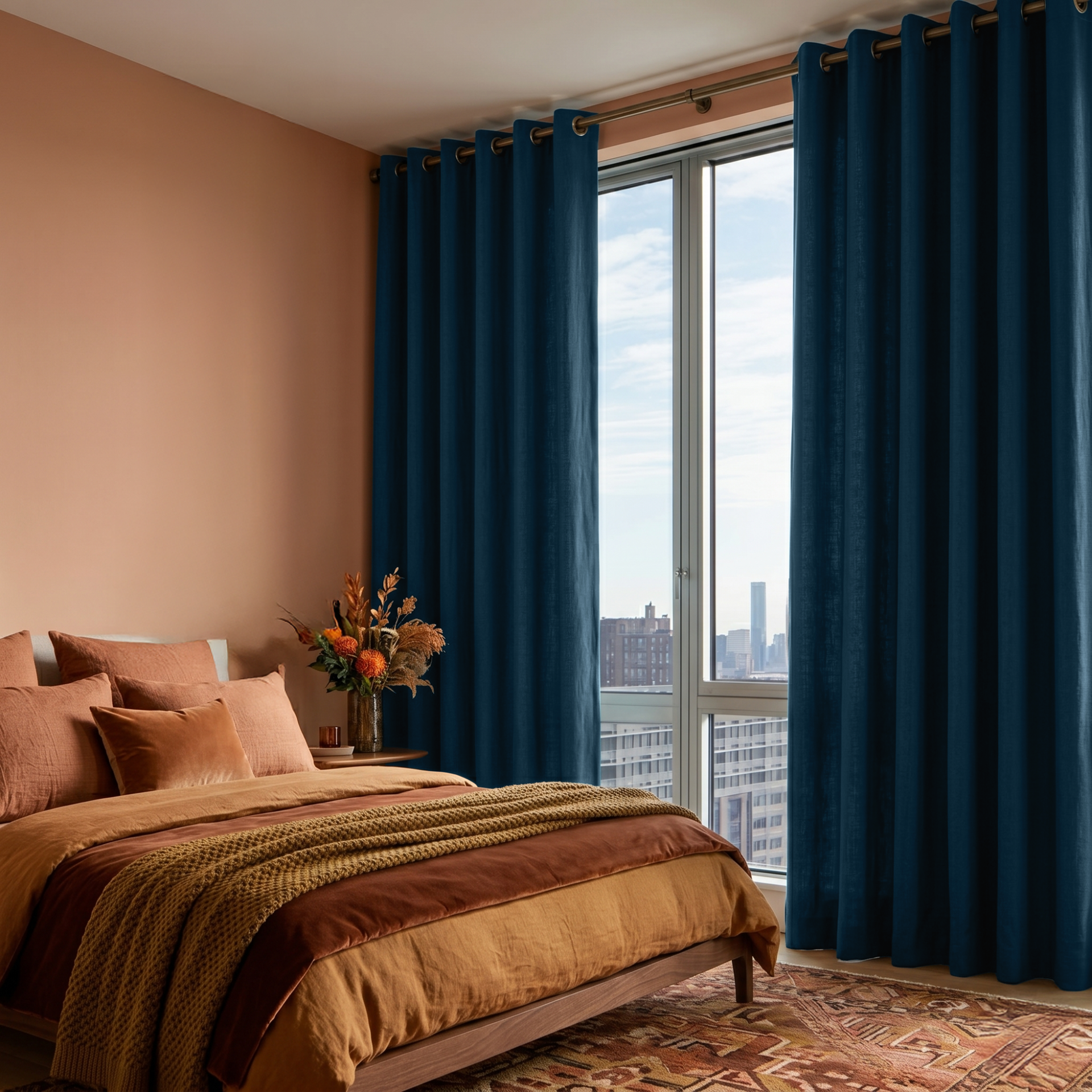Peacock Blue Linen Grommet Curtains in a Warm Contemporary Bedroom with Terracotta Walls and Textured Accents - Blackout Lining