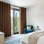 Tawny Brown Linen Grommet Curtains in a Bright Minimal Bedroom with Soft White Walls and Light Wood Furniture - Blackout Lining