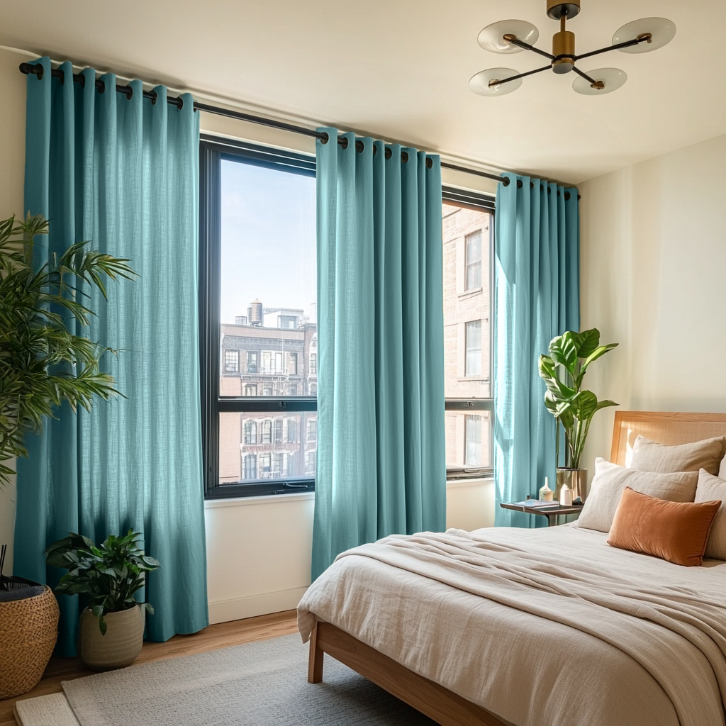 Aquamarine Blue Linen Grommet Bedroom Curtains in a Sunlit Modern Bedroom with Creamy Neutral Walls and Ivory Bedding - Cotton Lining