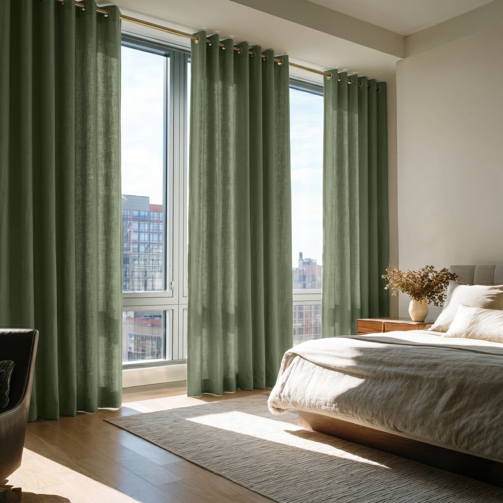 Asparagus Green Linen Grommet Bedroom Curtains in a Modern Bedroom with Crisp Ivory Bedding, a Low Wood Platform Bed and Warm Beige Accents