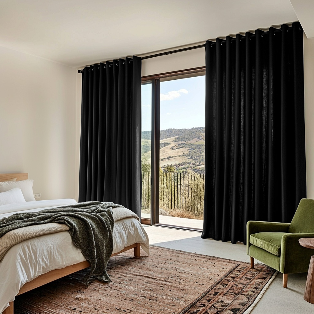 Black Linen Grommet Curtains in a Minimal Bedroom with Warm Beige Walls and a Green Accent Chair - Cotton Lining
