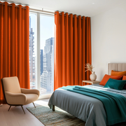 Burnt Orange Linen Grommet Curtains in a Bright Bedroom with Teal Bedding - Cotton Lining