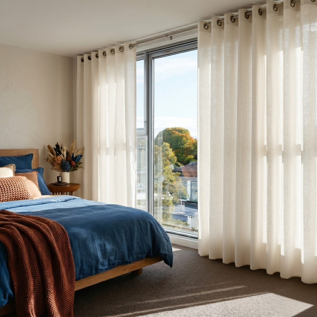 Cream Linen Grommet Curtains in a Bright Bedroom With Blue Bedding and Large Sunlit Windows