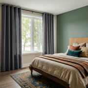 Dim Grey Linen Grommet Curtains in a Colorful Bedroom With a Sage Green Accent Wall and Cream Bedding