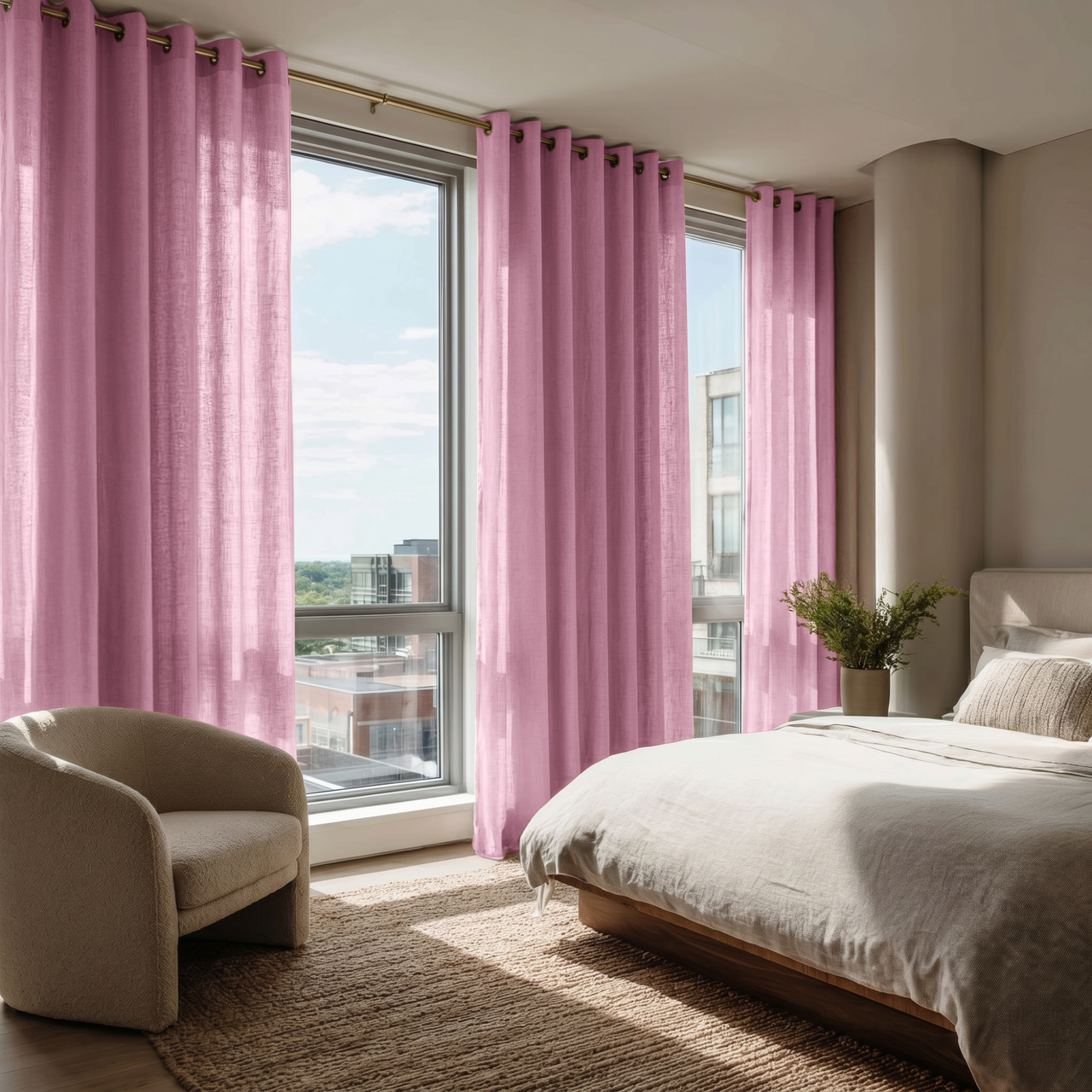 Dusty Rose Linen Grommet Bedroom Curtains in a Bright Bedroom with Cream Walls