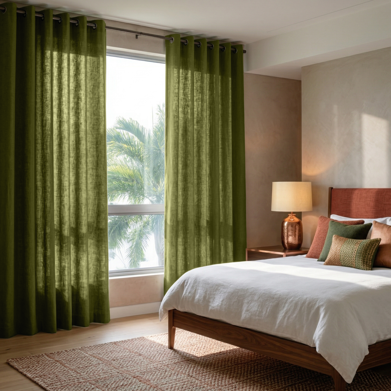 Moss Green Linen Grommet Bedroom Curtains in a Warm Modern Bedroom with a Rust Upholstered Headboard