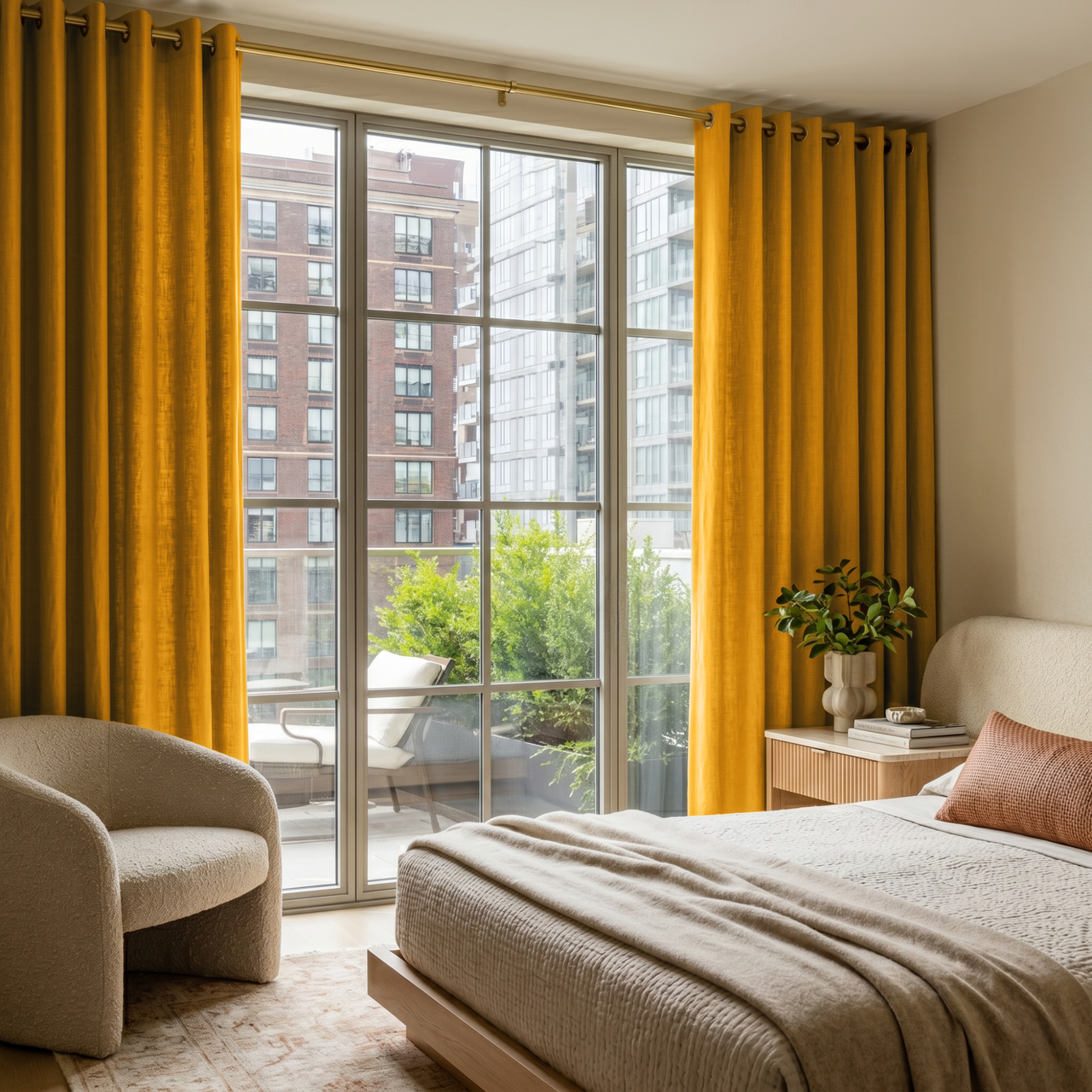Mustard Yellow Linen Grommet Bedroom Curtains in a Bright Minimal Bedroom with Curved Ivory Accent Chair and Cream Accents - Cotton Lining
