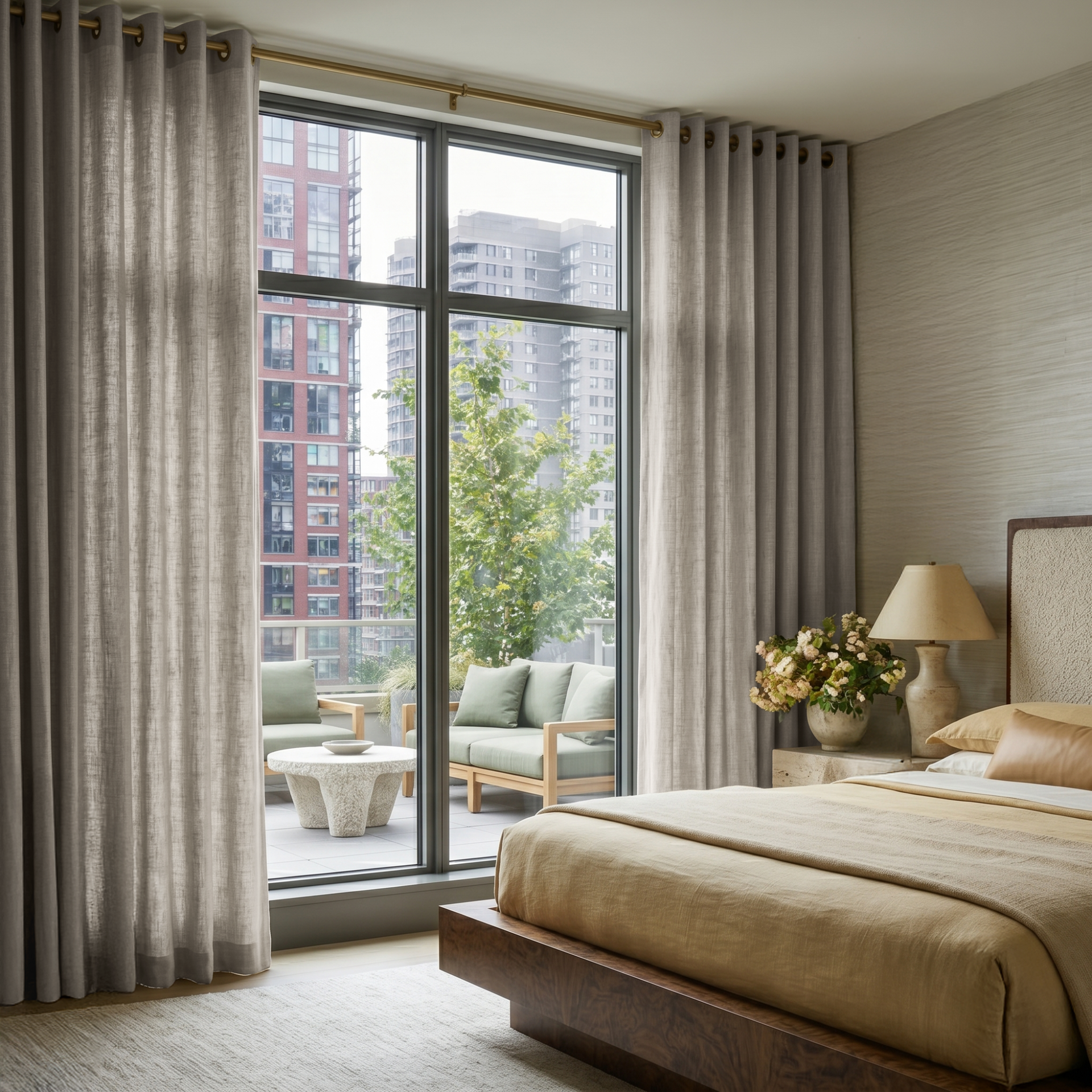 Natural Linen Grommet Bedroom Curtains in a Contemporary Bedroom with Warm Greige Textured Walls and Soft Gold Accents - Cotton Lining