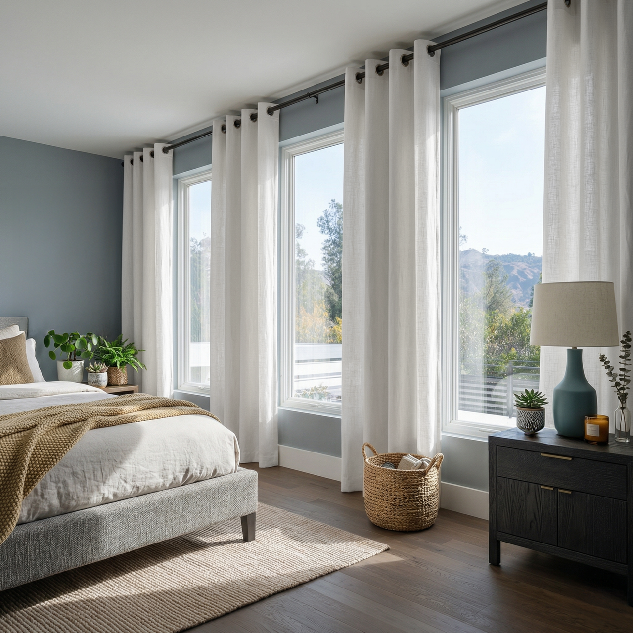 Off-White Linen Grommet Bedroom Curtains in a Bright Bedroom with Blue Grey Walls