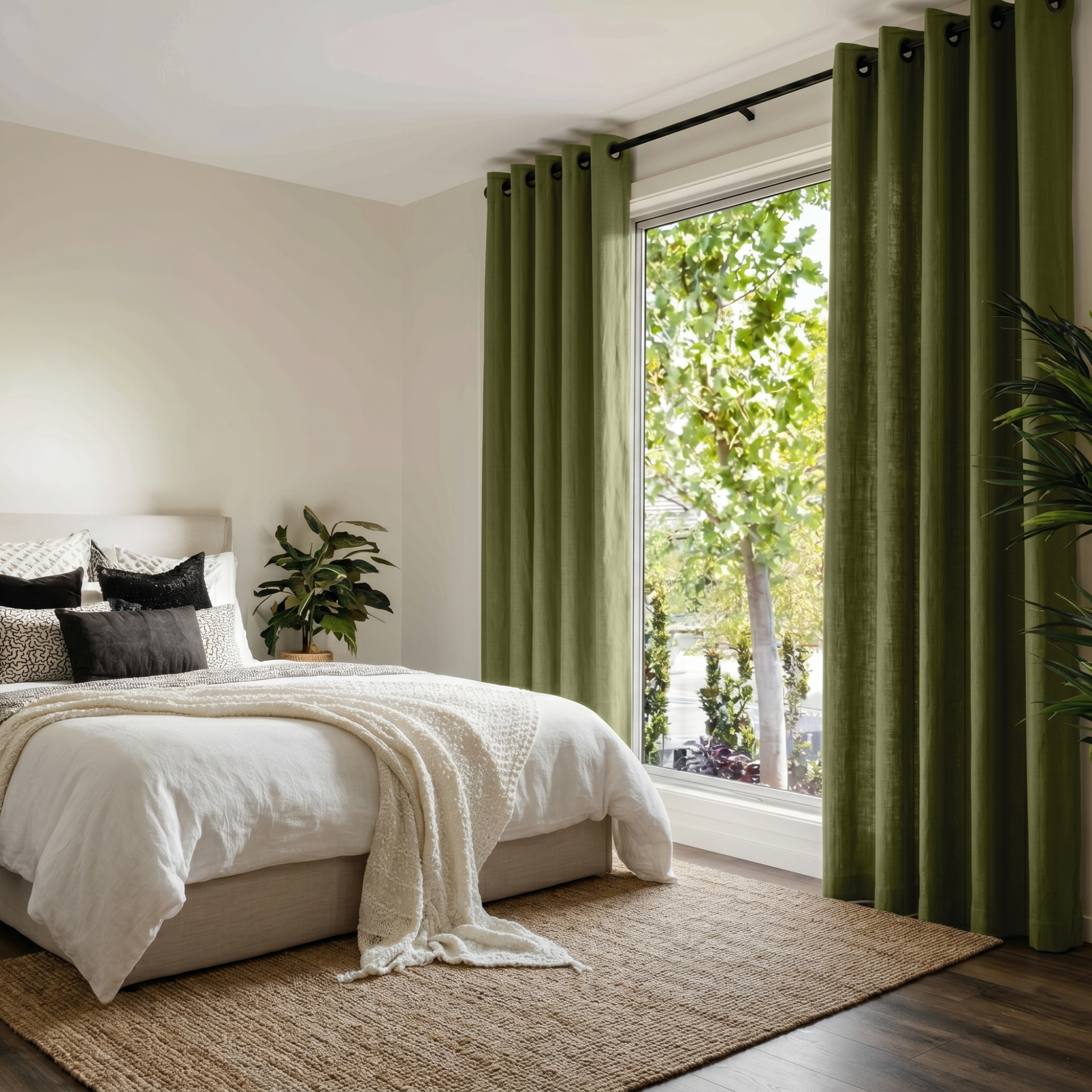 Olive Green Linen Grommet Bedroom Curtains in a Minimal Bedroom with Soft White Walls - Cotton Lining