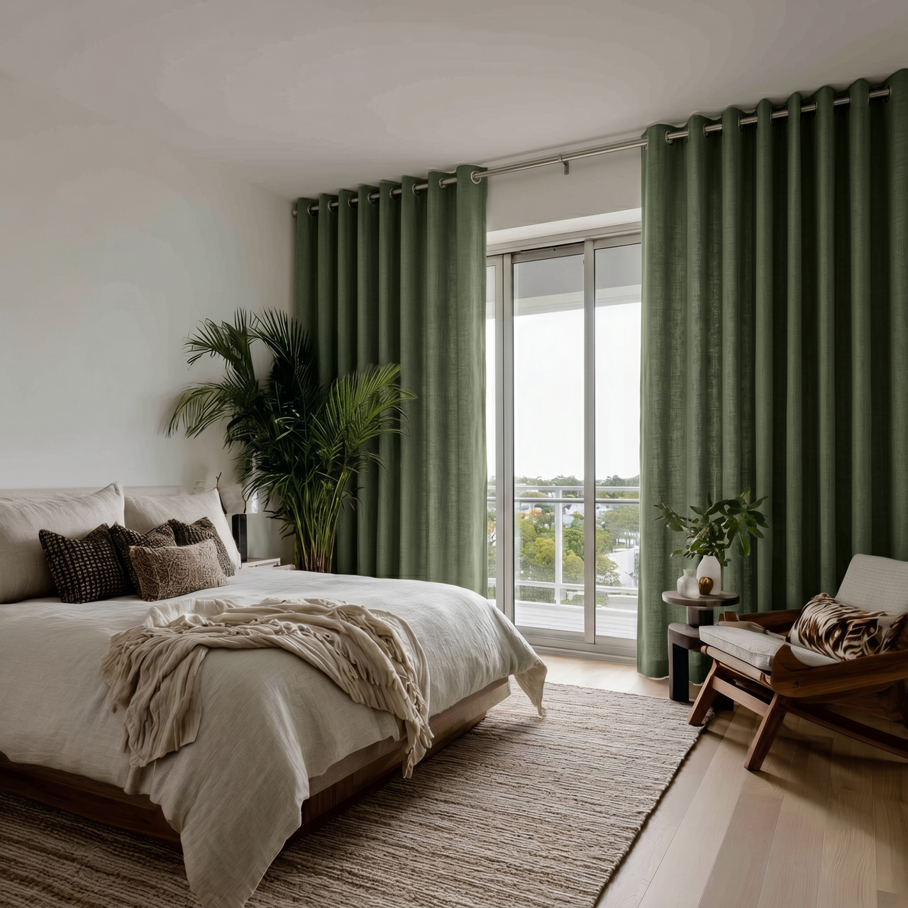 Sage Green Linen Grommet Bedroom Curtains in a Modern Bedroom with Cozy Ivory Bedding and Espresso Brown Accents - Cotton Lining
