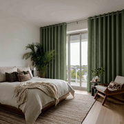 Sage Green Linen Grommet Bedroom Curtains in a Modern Bedroom with Cozy Ivory Bedding and Espresso Brown Accents - Cotton Lining