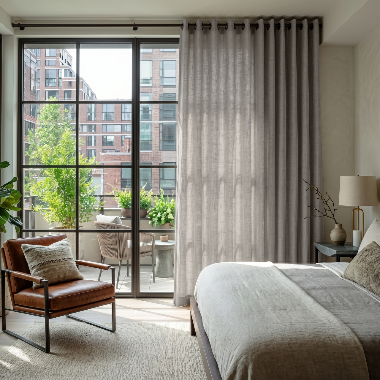Stone Grey Linen Grommet Bedroom Curtains in a Bright Bedroom with Balcony Greenery and Soft Beige Accents