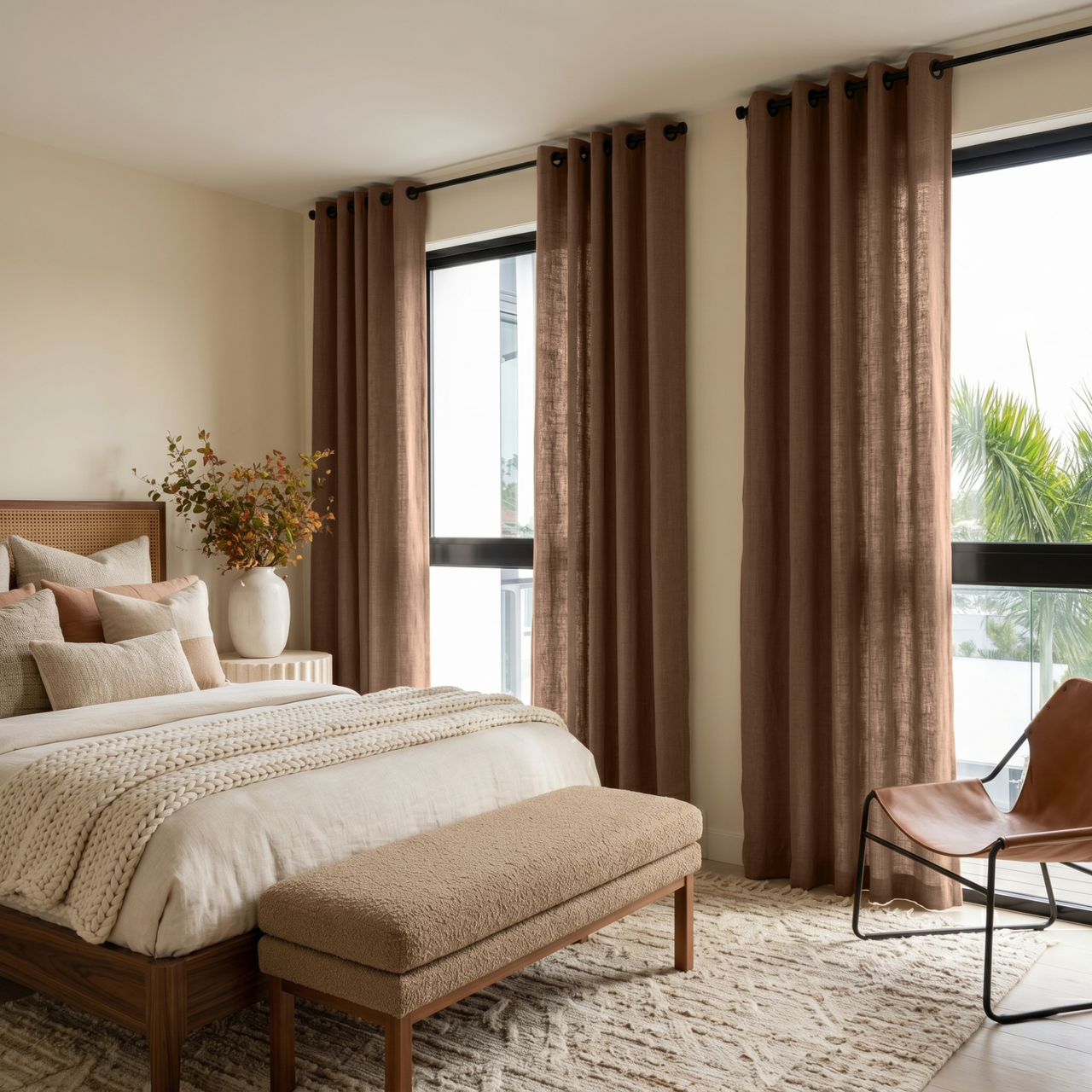Tawny Brown Linen Grommet Curtains in a Warm Neutral Bedroom with Cream Tones