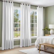 White Linen Grommet Curtains in a Soft Green Bedroom With Two Large Windows and White Bedding - Cotton Lining