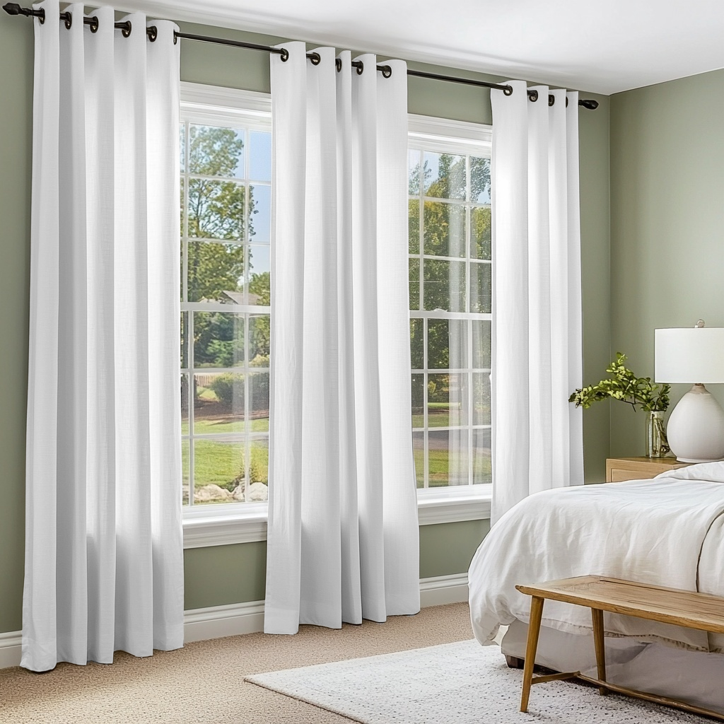 White Linen Grommet Curtains in a Soft Green Bedroom With Two Large Windows and White Bedding - Cotton Lining