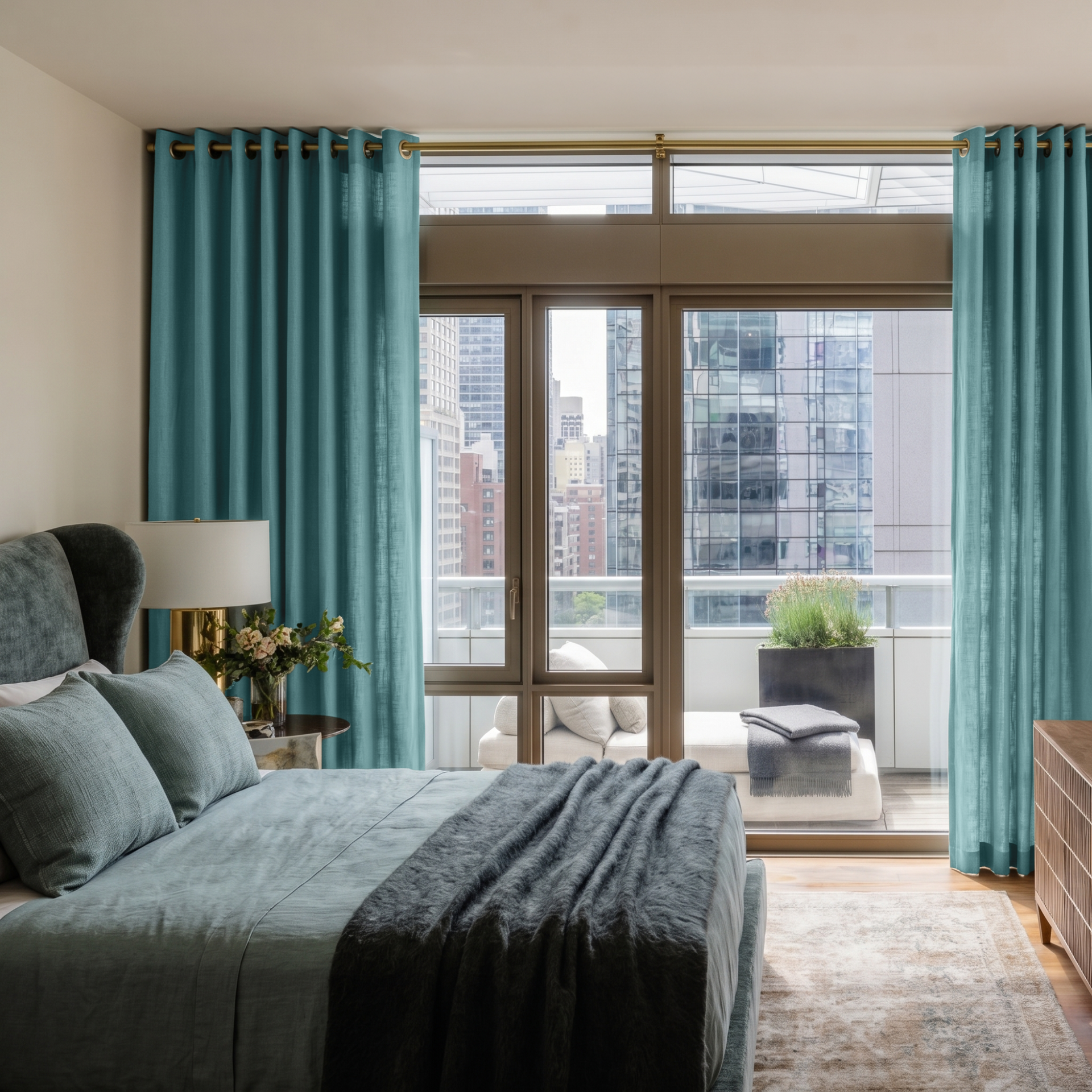 Aquamarine Blue Linen Grommet Bedroom Curtains in an Elegant Bedroom with Warm Greige Walls and Blue Grey Bedding