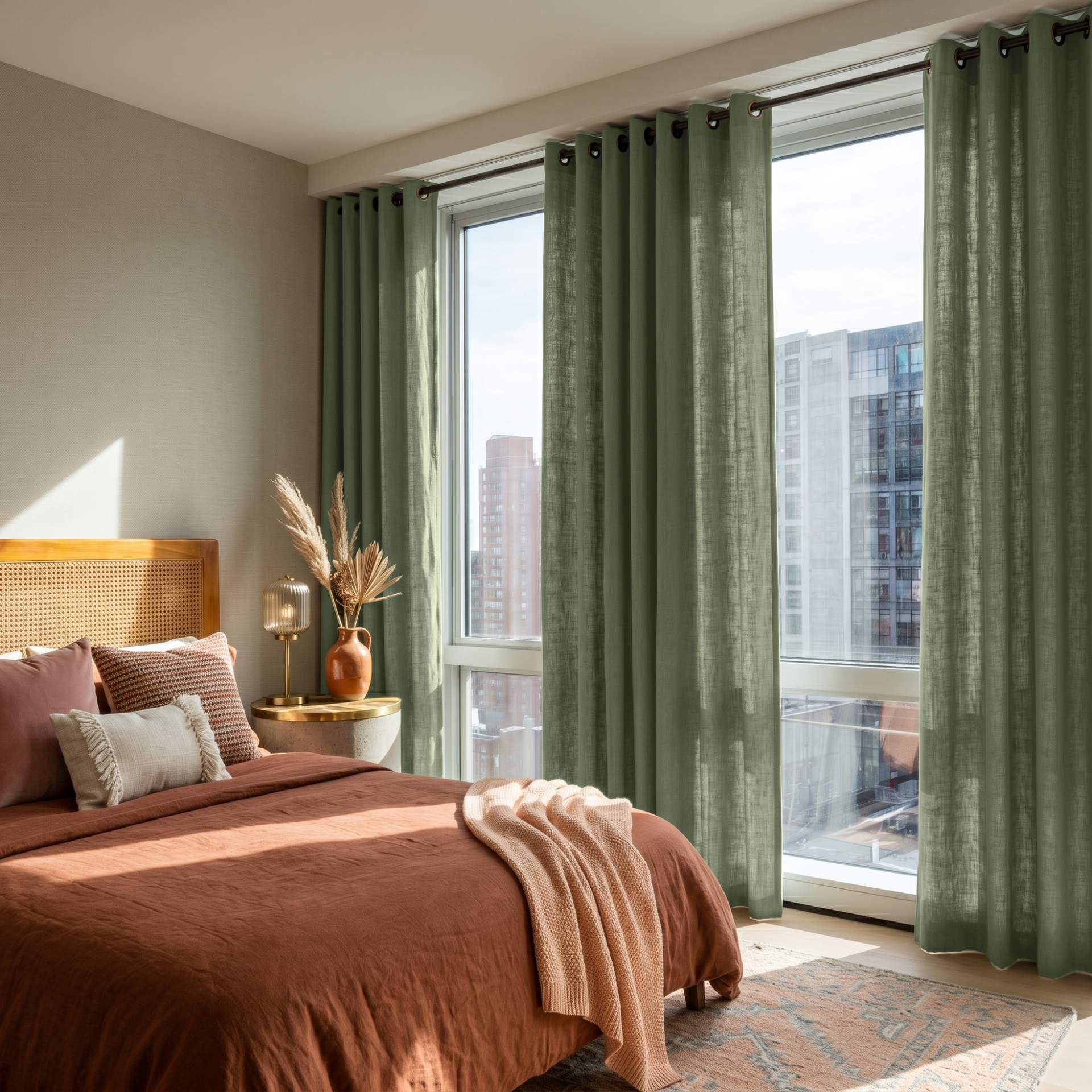 Asparagus Green Linen Grommet Bedroom Curtains in a Warm Contemporary Bedroom with Light Greige Walls, Terracotta Bedding and Natural Wood Accents