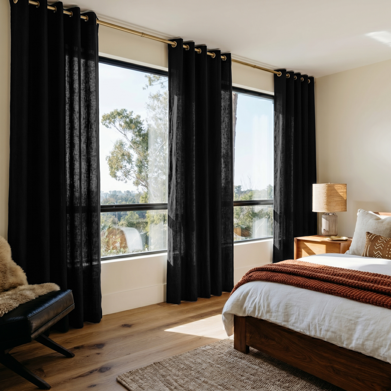 Black Linen Grommet Curtains in a Cozy Bedroom with Cream Walls and Warm Wood Accents