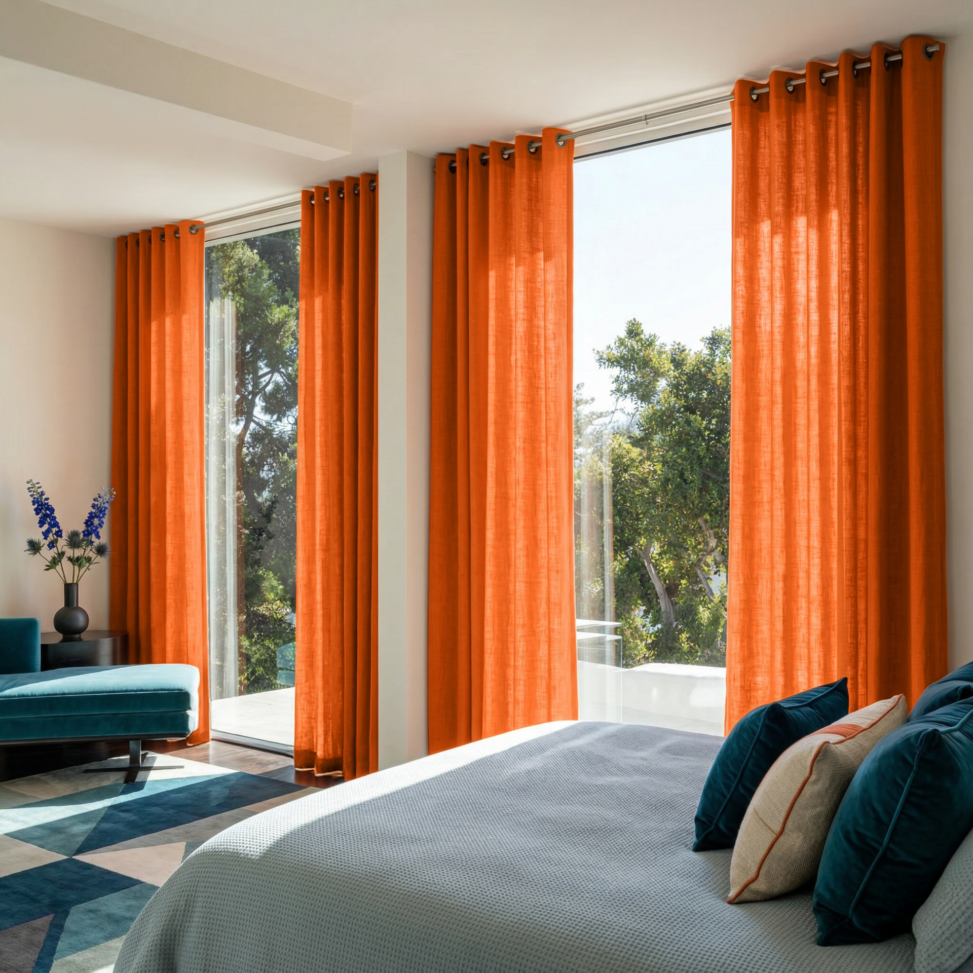 Burnt Orange Linen Grommet Curtains in a Sunny Bedroom with Warm Cream Walls and Deep Teal Accents