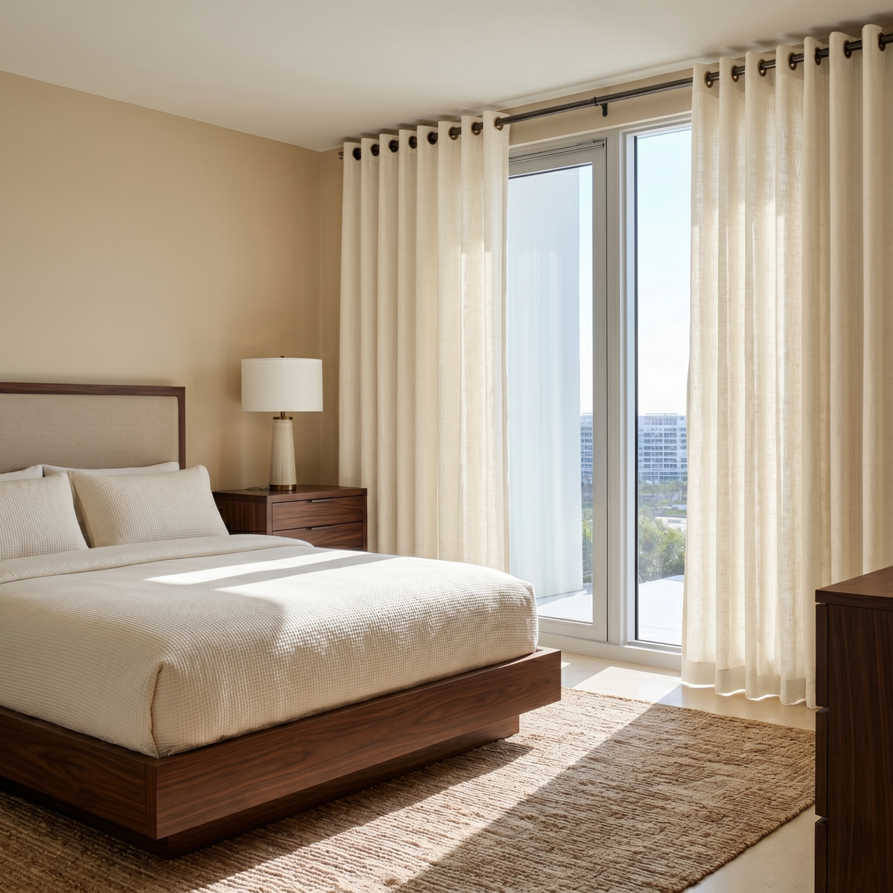 Cream Linen Grommet Curtains in a Warm Neutral Bedroom With a Wooden Bed and Floor-to-Ceiling Windows