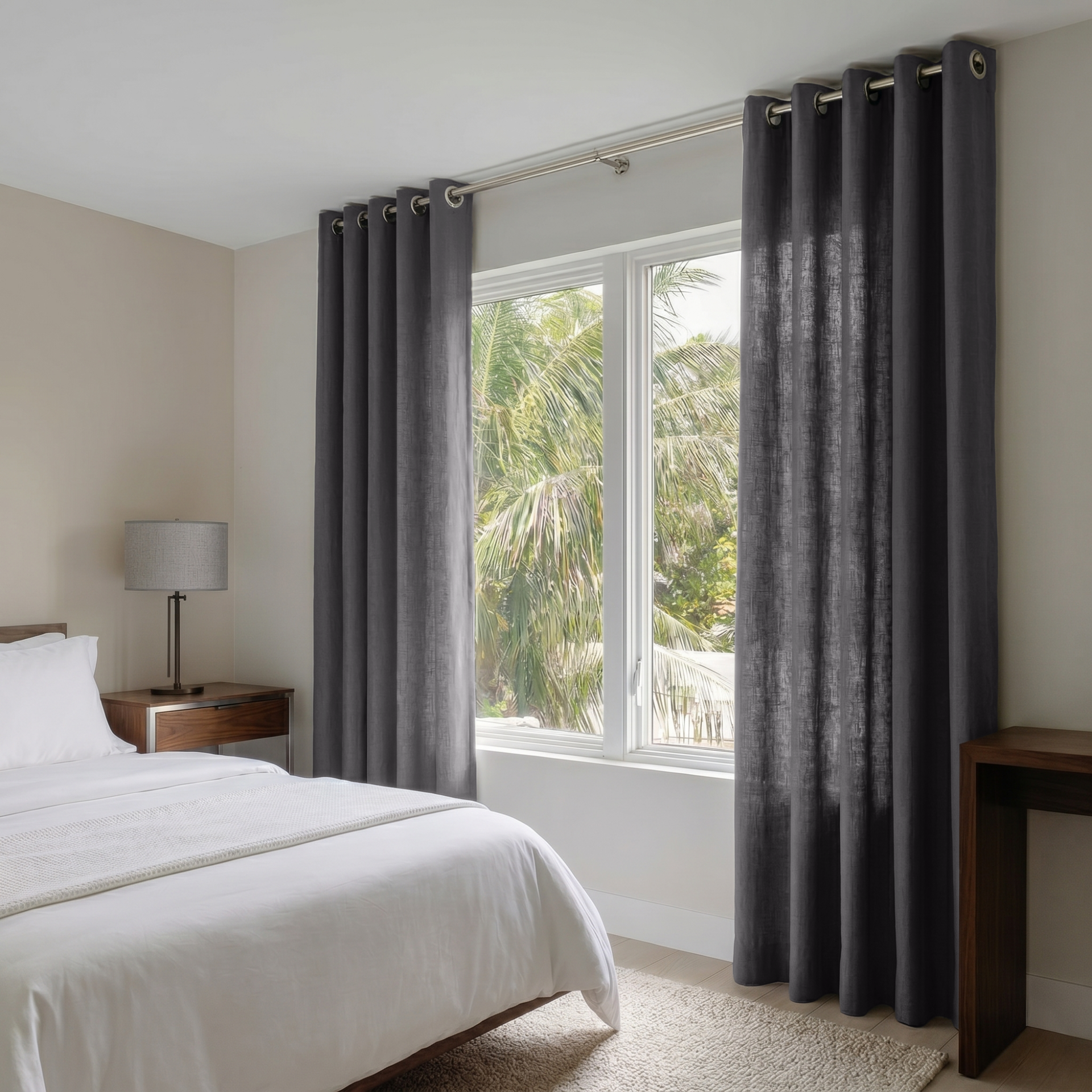 Dim Grey Linen Grommet Curtains in a Minimal Bedroom With Soft Beige Walls and Warm Wood Furniture