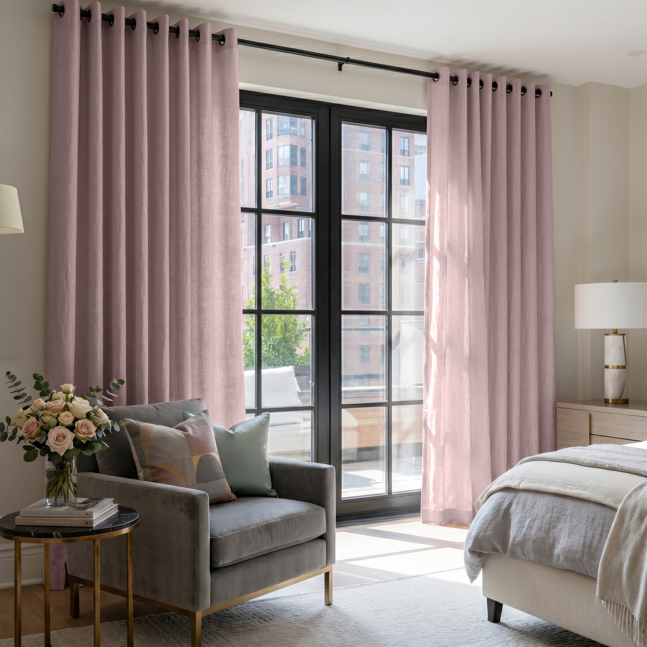 Dusty Pink Linen Grommet Bedroom Curtains in an Elegant Bedroom with Layered Ivory Bedding and Soft Grey Accents