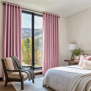 Dusty Rose Linen Grommet Bedroom Curtains in a Light Bedroom with Soft Blush Accents