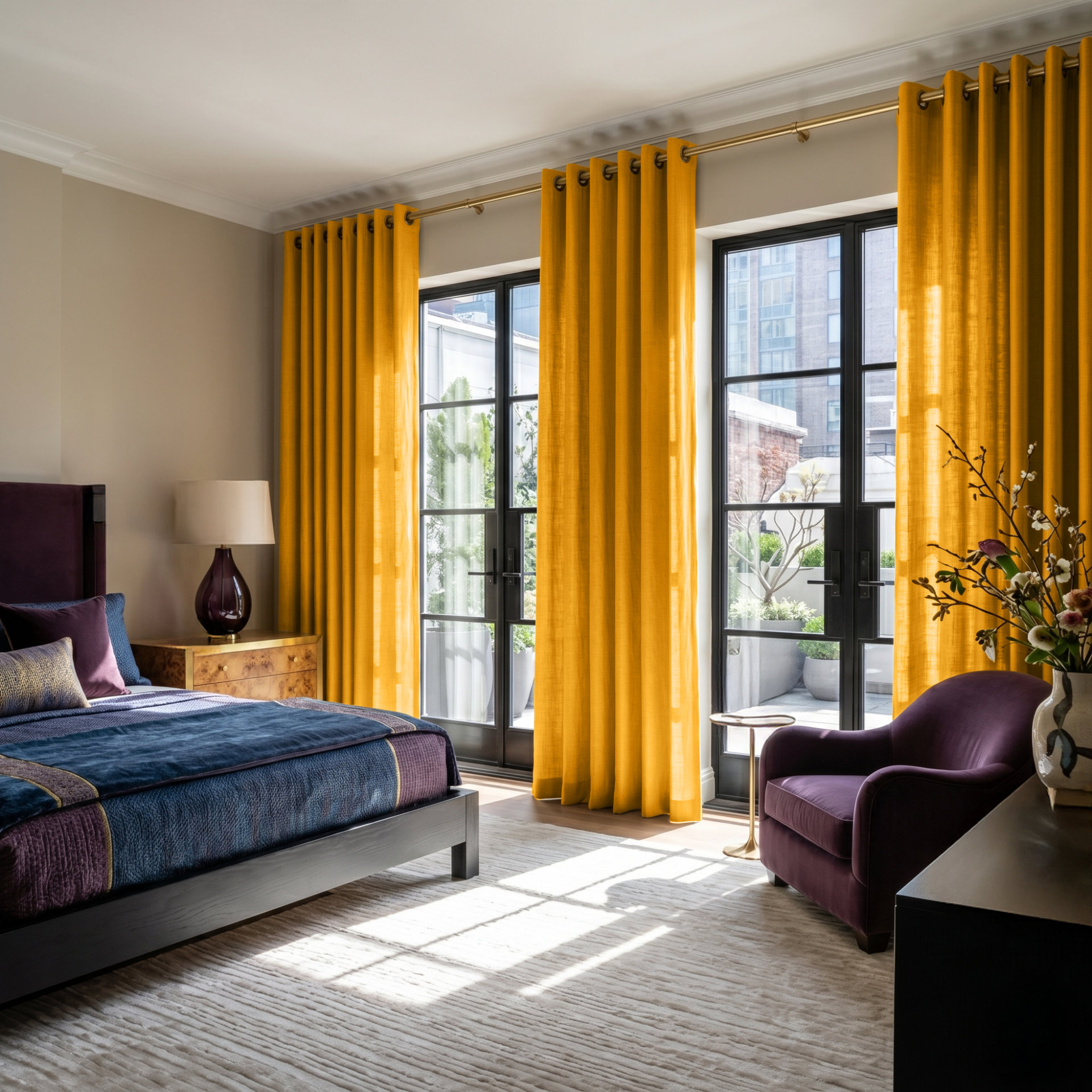Mustard Yellow Linen Grommet Bedroom Curtains in a Bold Contemporary Bedroom with Navy and Plum Accents