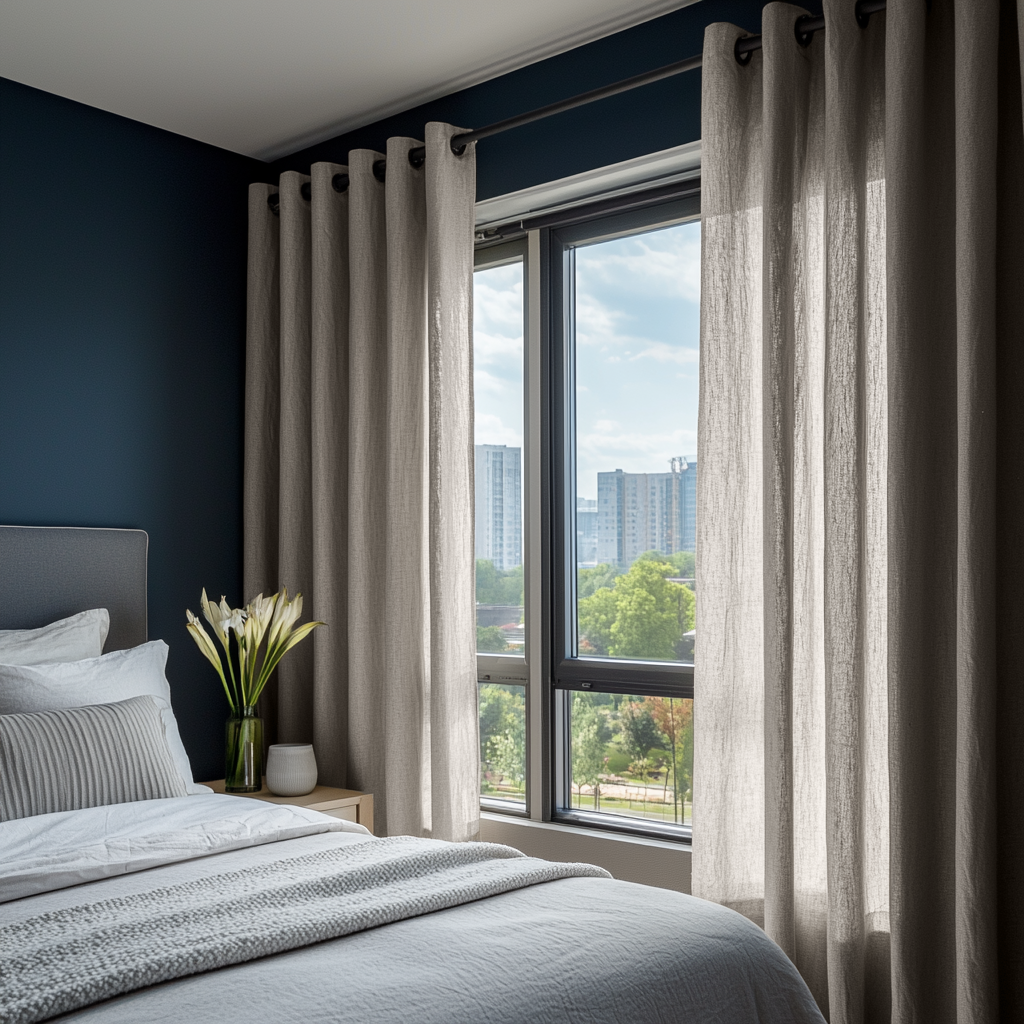 Natural Linen Grommet Bedroom Curtains in a Modern Bedroom with Deep Navy Walls