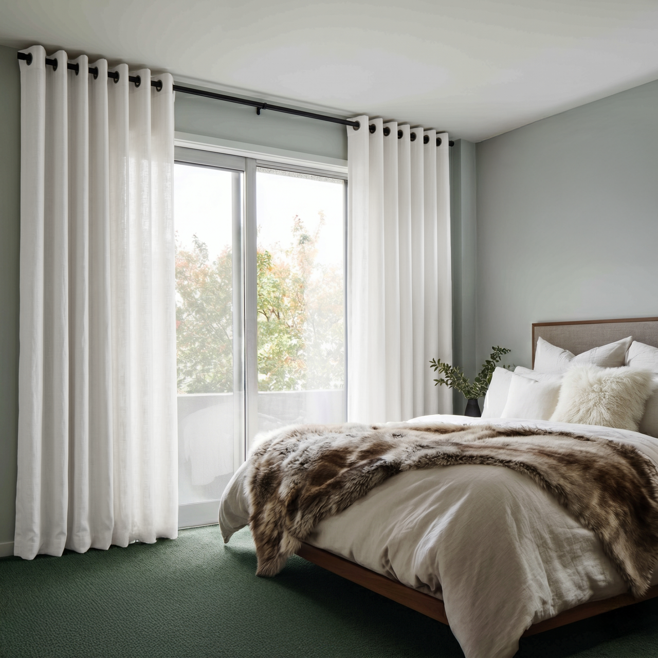 Off-White Linen Grommet Bedroom Curtains in a Soft Modern Bedroom with Pale Sage Walls and Cream Bedding