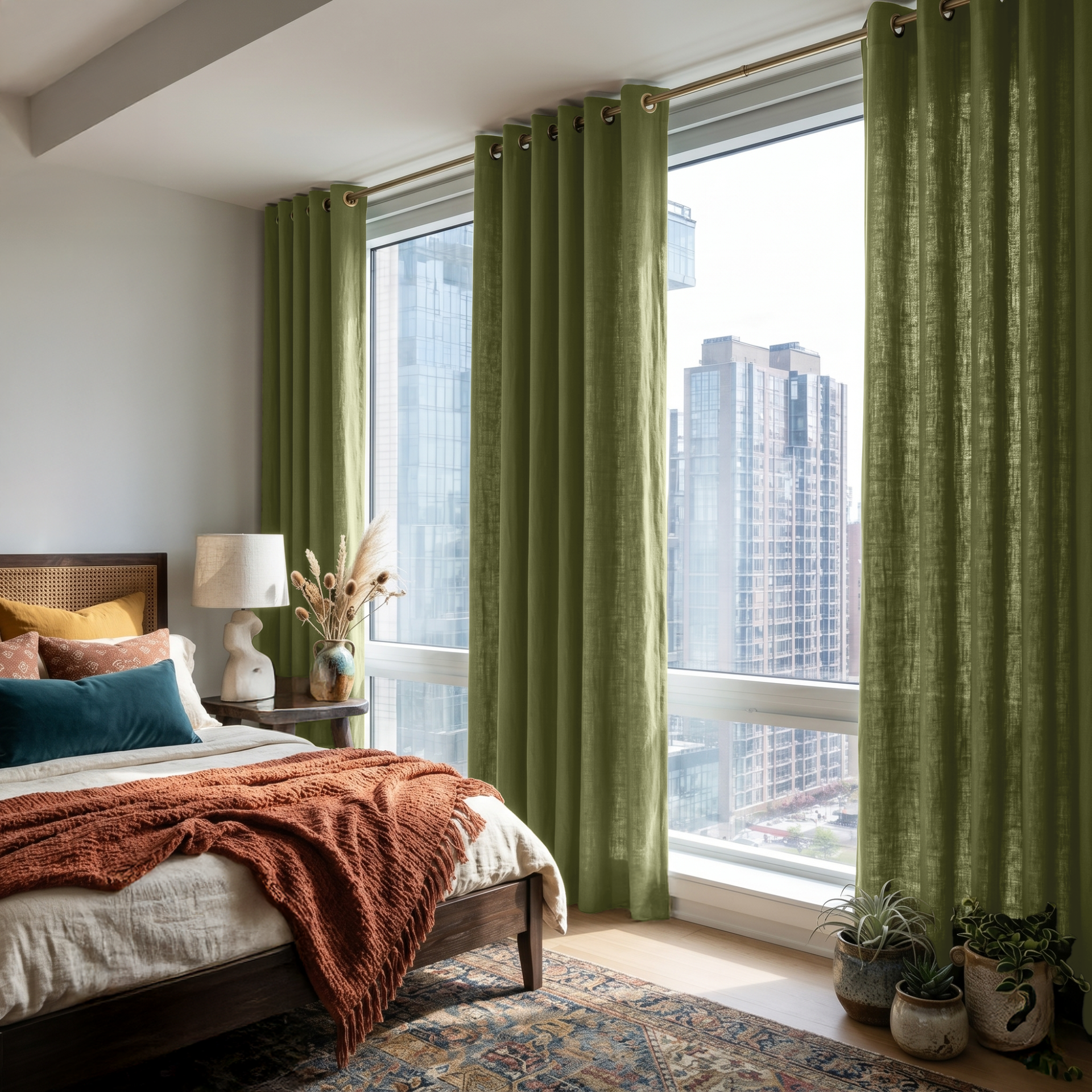 Olive Green Linen Grommet Bedroom Curtains in a Contemporary Bedroom with Layered Ivory Bedding, a Rust Throw and Vintage Blue Accents