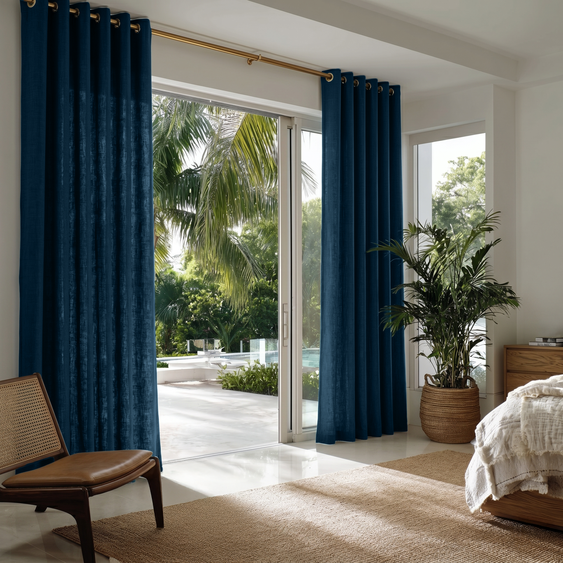 Peacock Blue Linen Grommet Curtains in a Bright Bedroom with Natural Wood Furniture