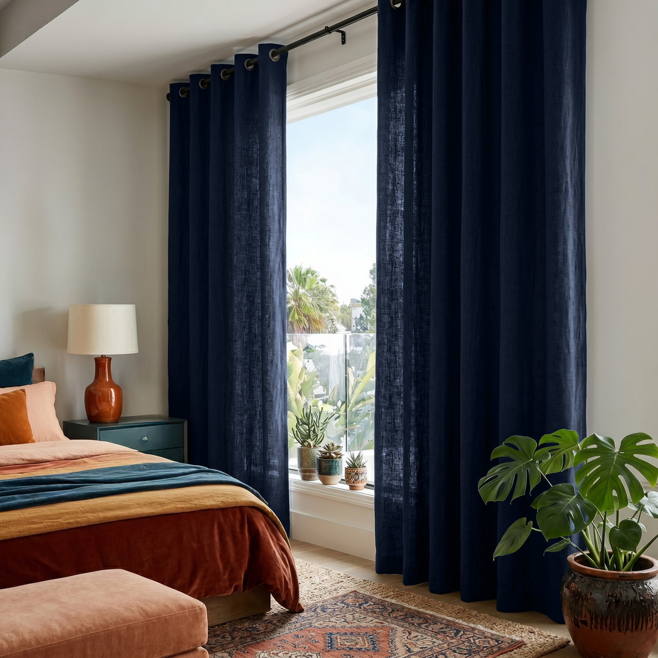 Royal Blue Linen Grommet Curtains in a Warm Bedroom with Soft White Walls