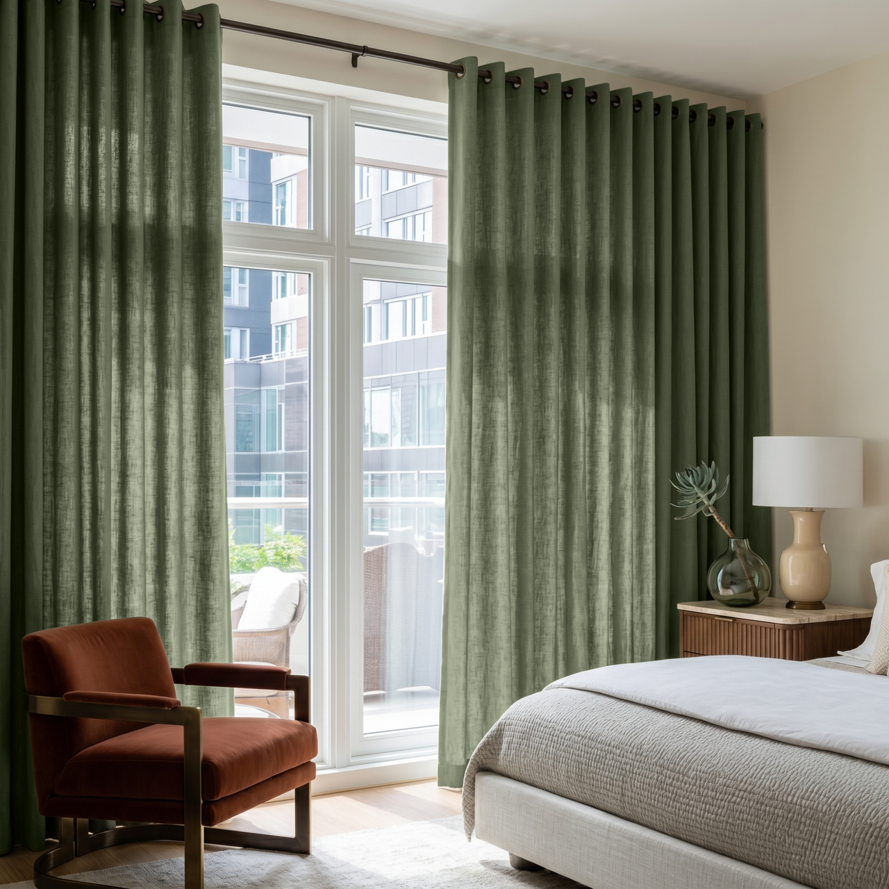 Sage Green Linen Grommet Bedroom Curtains in a Soft Contemporary Bedroom with Warm Ivory Walls and a Rust Accent Chair