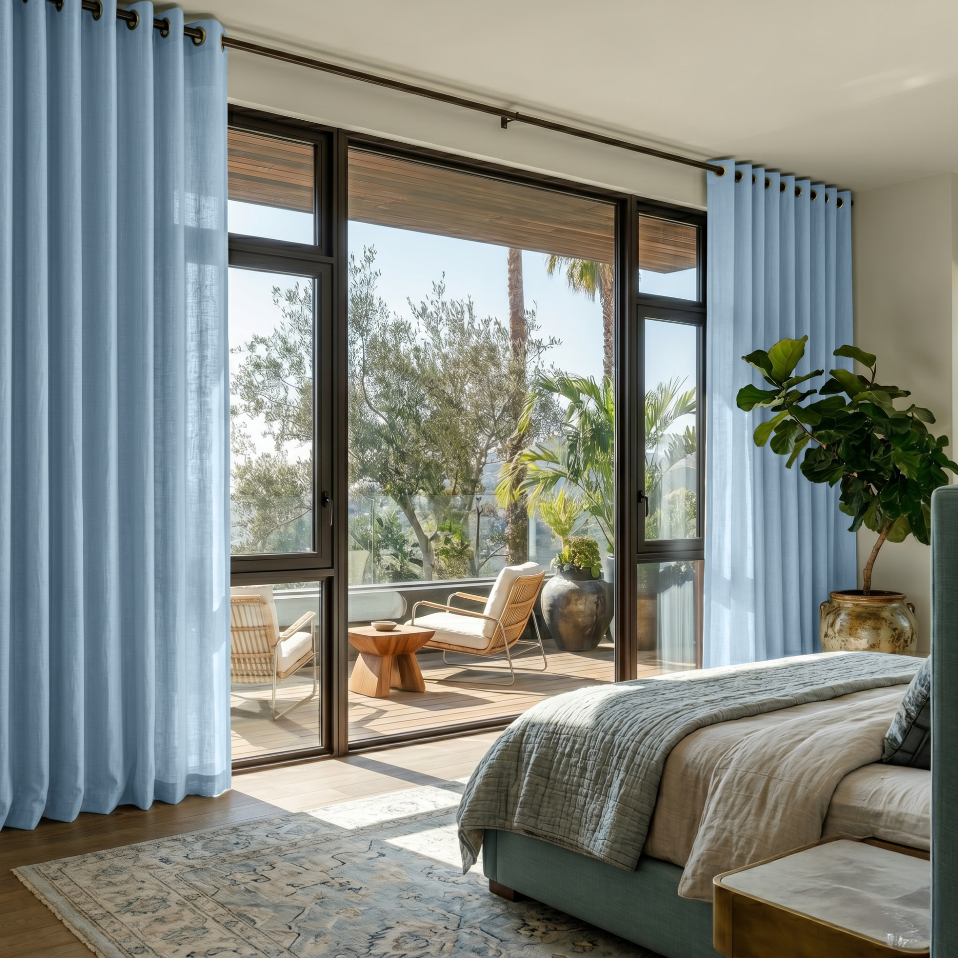 Sky Blue Linen Grommet Bedroom Curtains in a Bright Minimal Bedroom with Soft White Walls and Green Accents