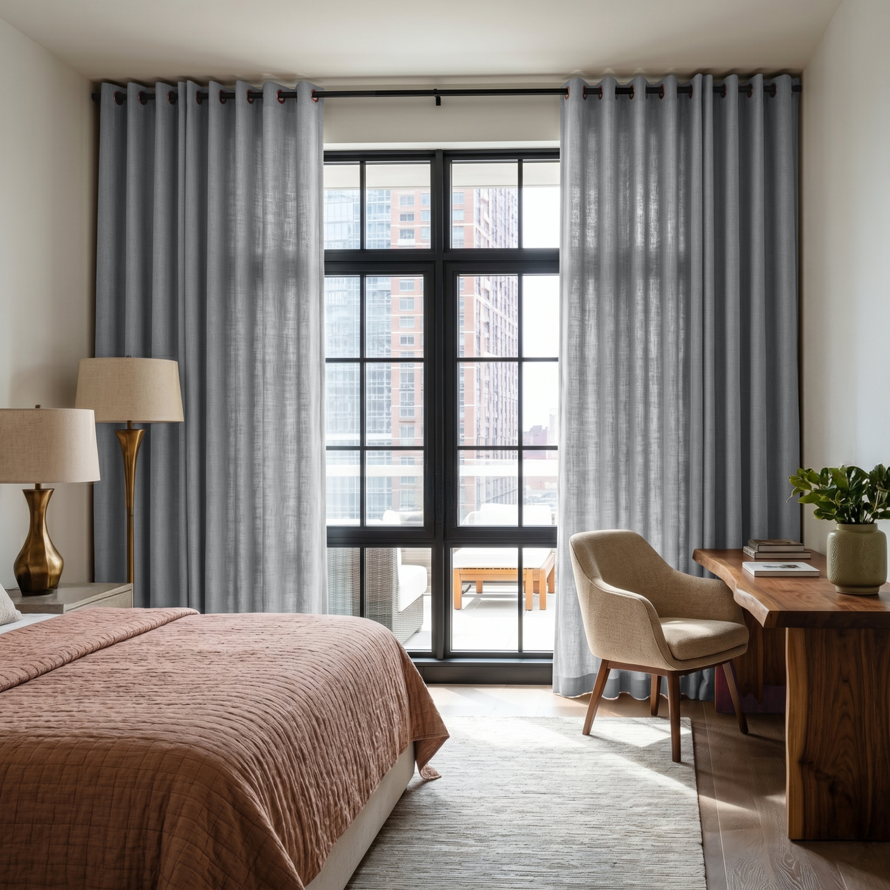 Stone Grey Linen Grommet Bedroom Curtains in a Modern Bedroom with Cream Walls